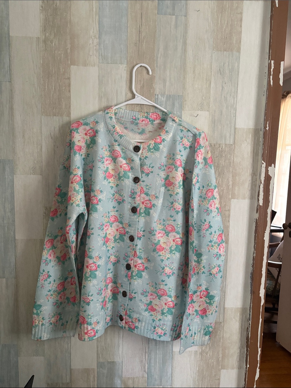 Floral Button-Front Cardigan in Light Blue with Pink Roses